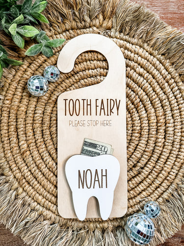 Tooth Fairy Wooden Door Hanger - Custom Name Tooth Fairy Pick Up Box