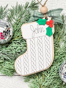 Personalized Cable Knit Patterned Stocking ornament/tag