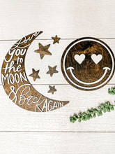 Load image into Gallery viewer, Love you to the MOON and Back Wood Moon Sign and Stars