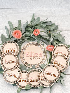 Watch Me Grow Round Boho Monthly Milestone Set and/or Birth Announcement Plaque